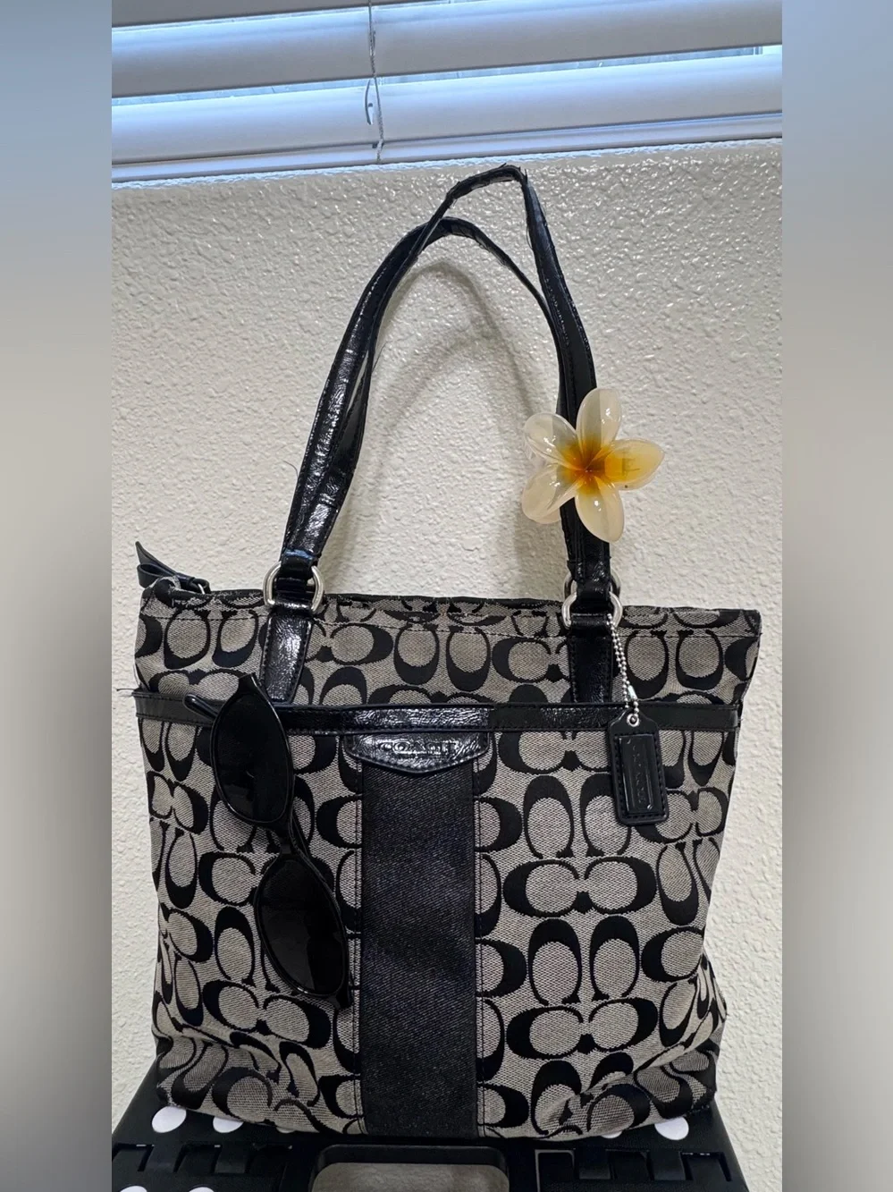 Coach Black and Beige Signature Canvas Shoulder Bag
